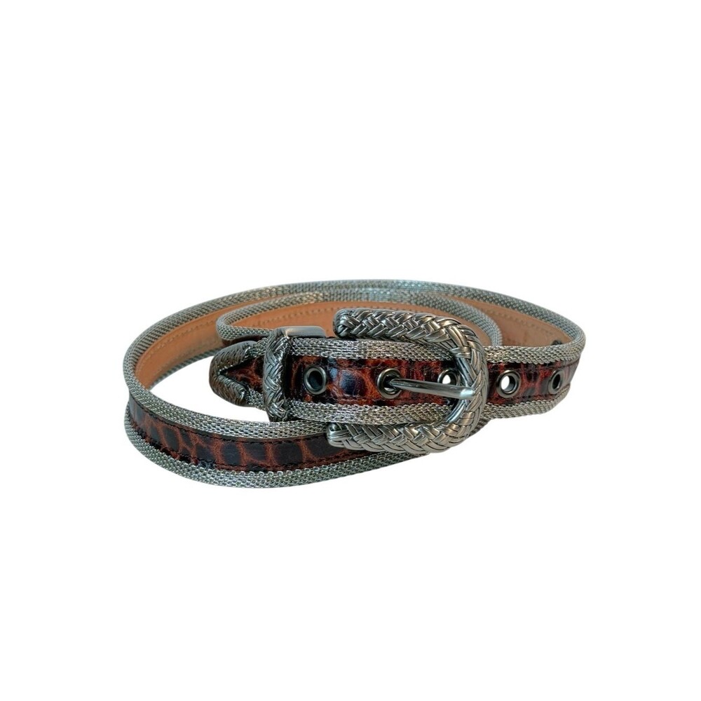 Leather Croc Embossed Belt with Silver Braided Buckle 1.5" wide